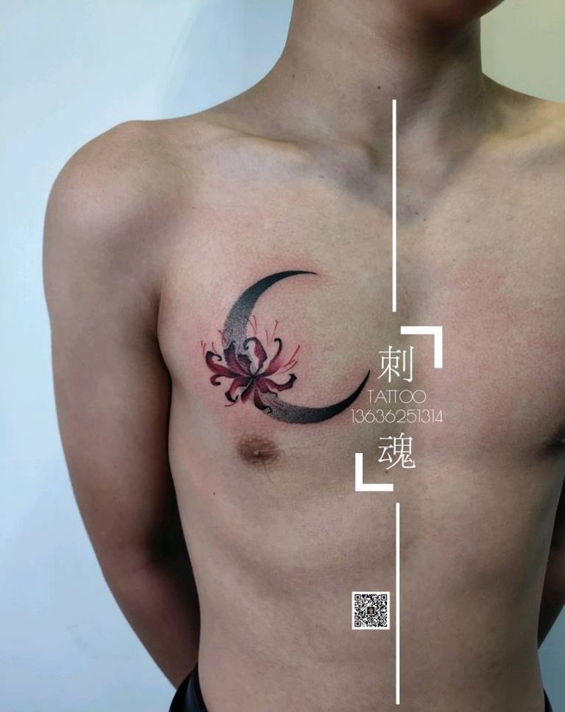 月亮纹身图片_胸部水彩图腾纹身图案