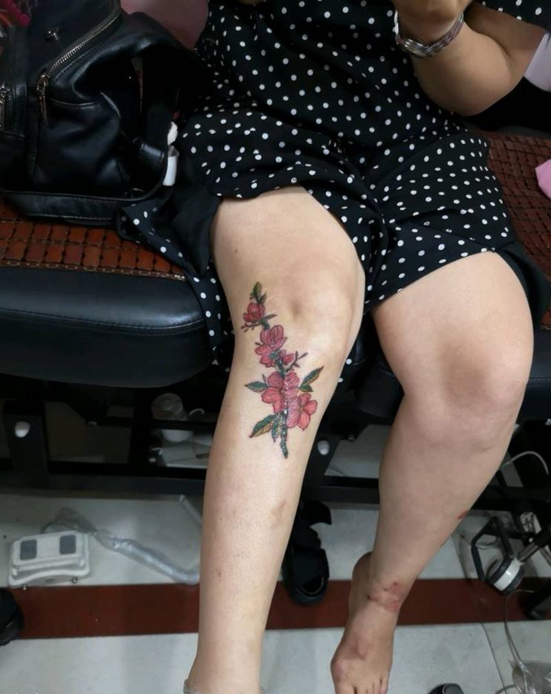 疤痕遮盖纹身图片_腿部传统清新植物原创成品手稿插画纹身图案