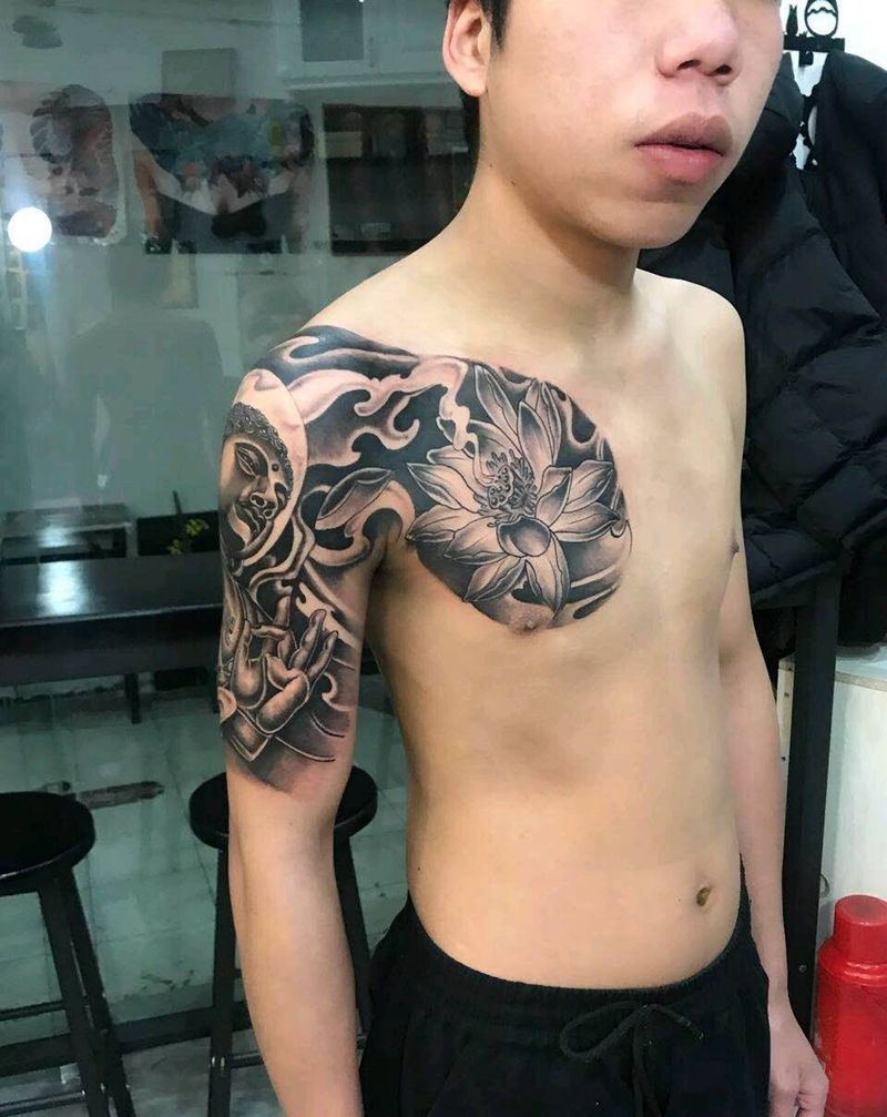 半甲纹身图片_胸部手臂老传统纹身图案
