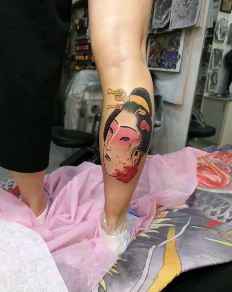 日式艺伎纹身图片_腿部新传统纹身图案