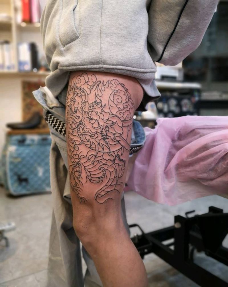 大腿龙线条纹身图片_腿部几何纹身图案