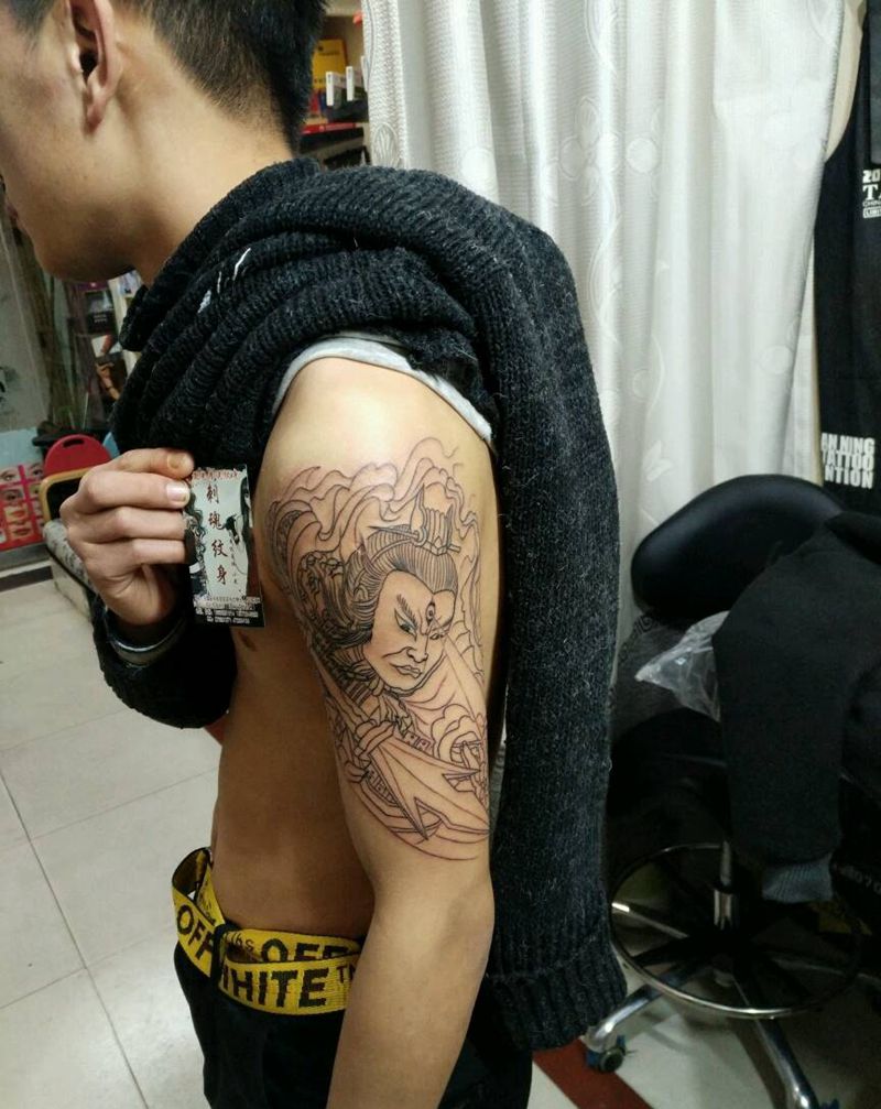 二郎神线条纹身图片_手臂传统宗教花絮生活成品纹身图案