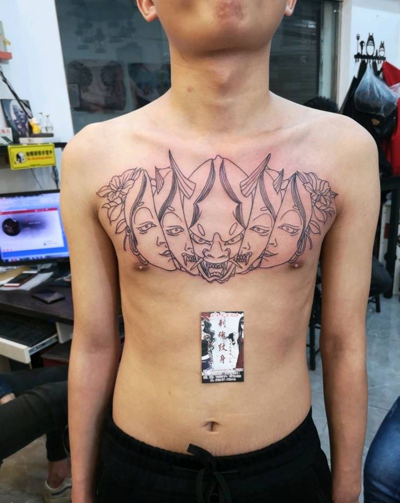 面能花胸纹身图片_老传统新传统纹身图案