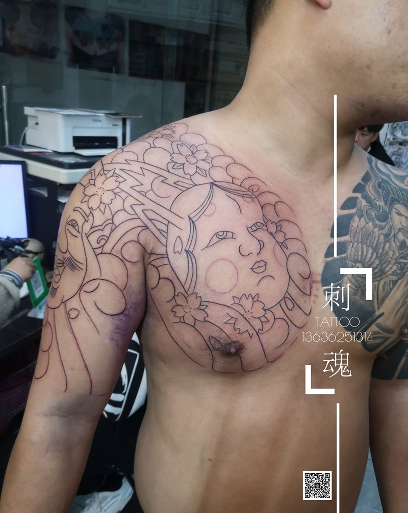 日式半甲线条纹身图片_手臂胸部老传统日式半甲纹身图案