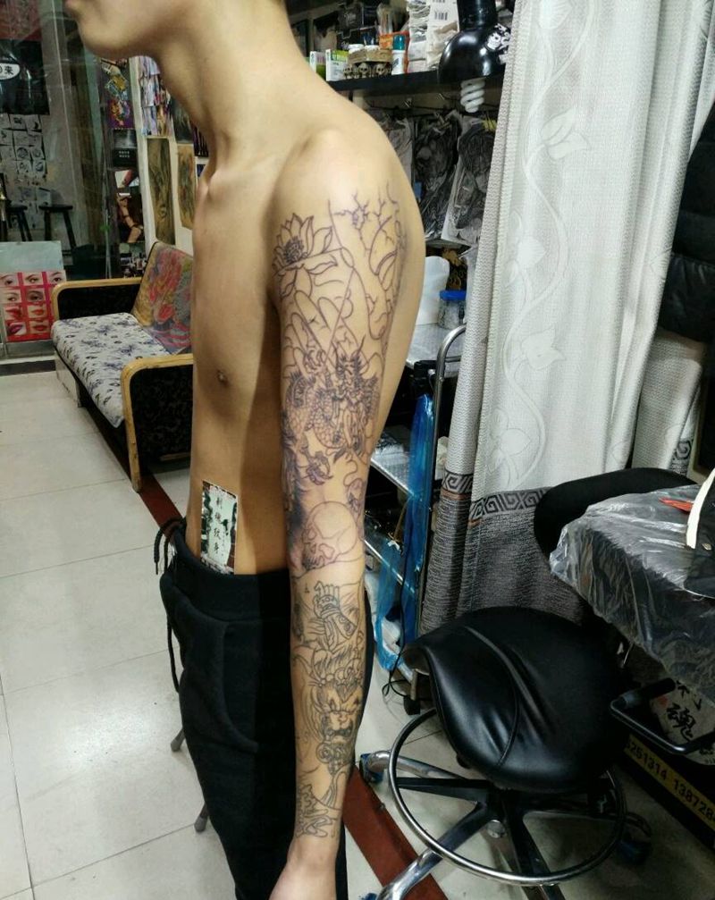 佛与猴子，花臂线条纹身图片_手臂传统鬼神宗教原创花絮生活手稿插画纹身图案