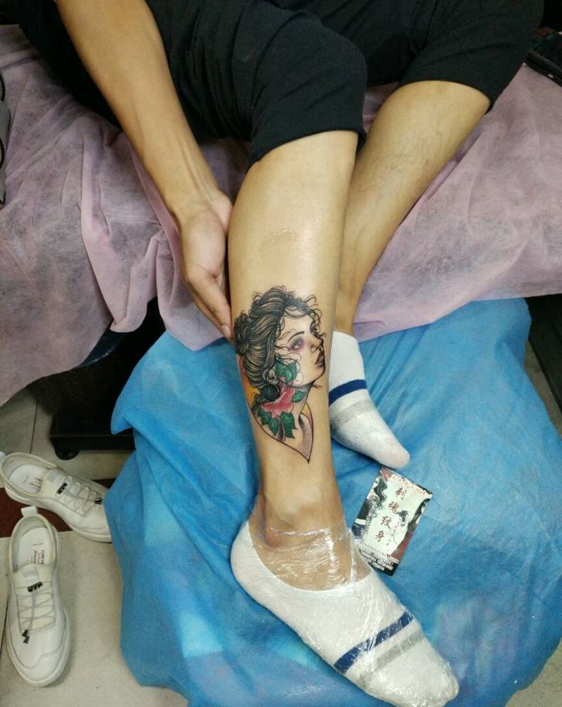 欧美风美女纹身图片_腿部欧美肖像人物原创花絮生活成品手稿纹身图案