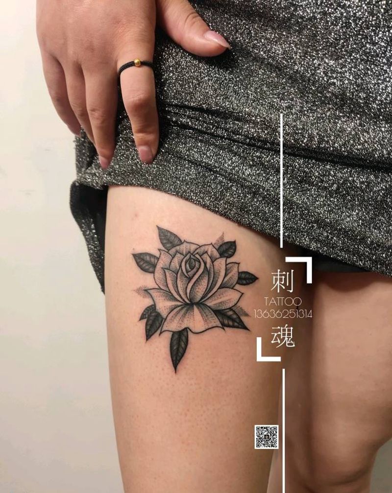 素花纹身图片_腿部点刺几何纹身图案