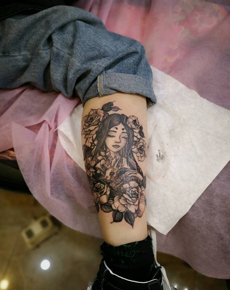 艺伎纹身图片_腿部新传统纹身图案