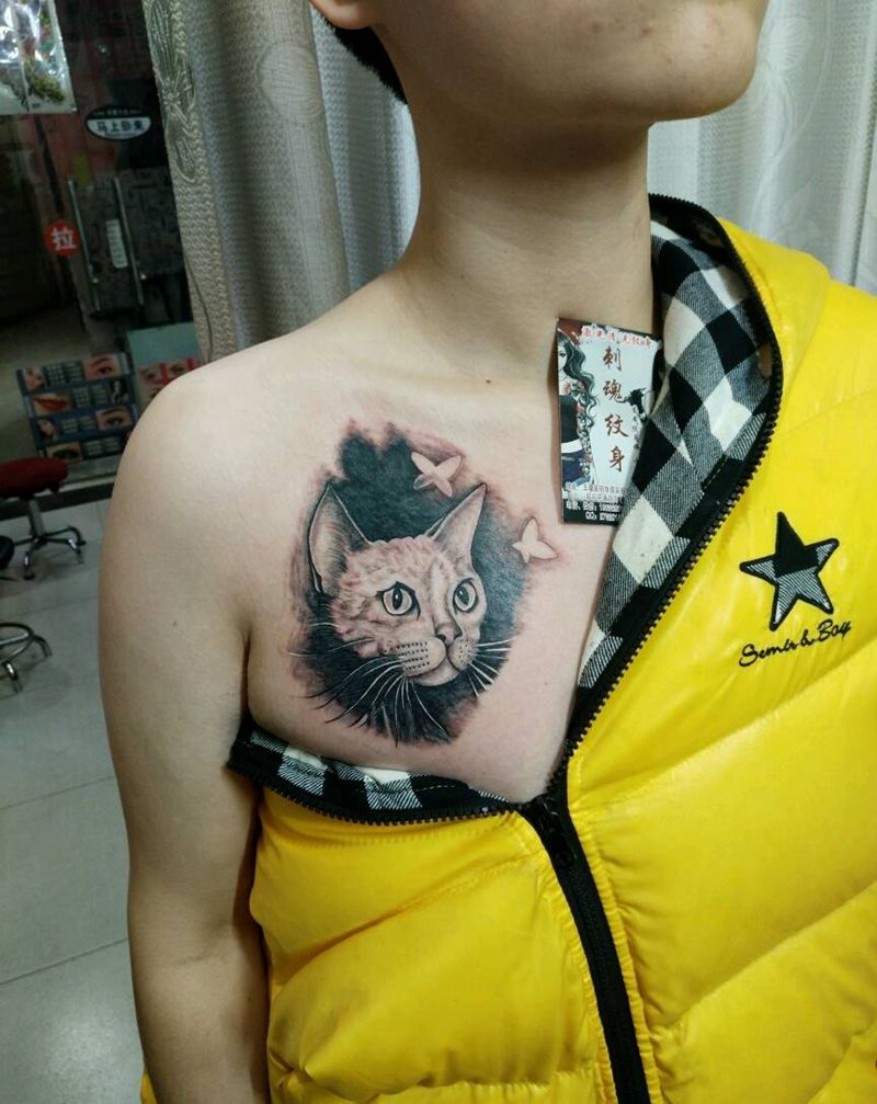 猫纹身图片_胸部传统清新动物原创花絮生活成品插画纹身图案