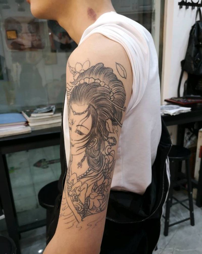 虞姬线条纹身图片_手臂新传统纹身图案