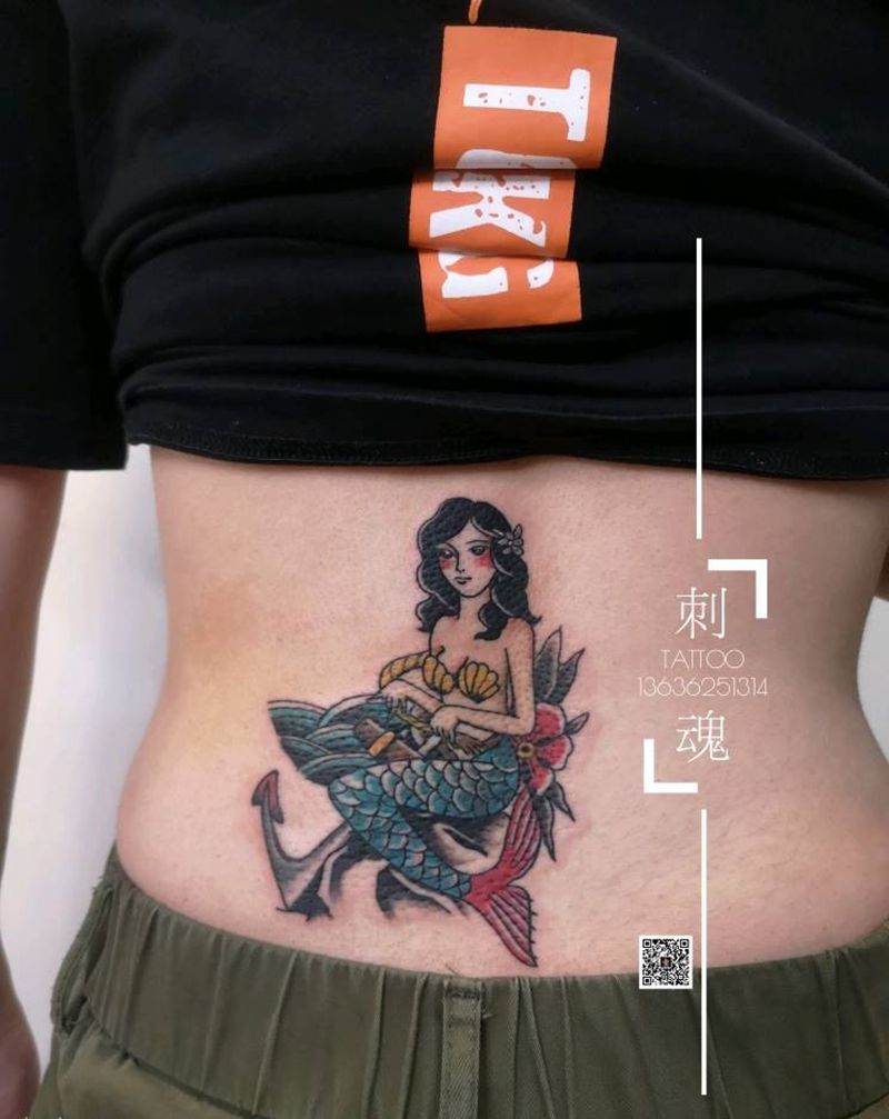 美人鱼遮盖胎记纹身图片_腰部Old School纹身图案