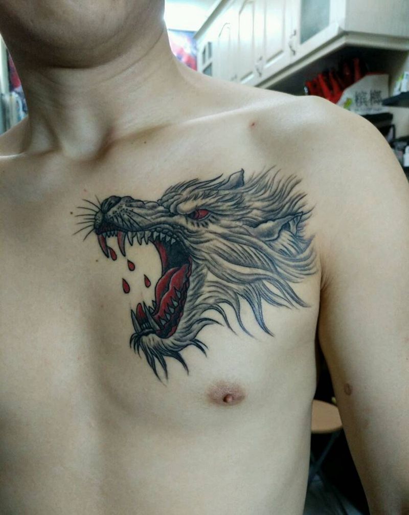 滴血狼头纹身图片_胸部传统写实动物原创花絮生活成品插画纹身图案