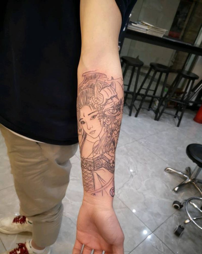 小臂艺伎纹身图片_手臂新传统纹身图案