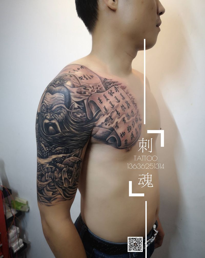 半甲姜子牙纹身图片_胸部手臂新传统半甲纹身图案