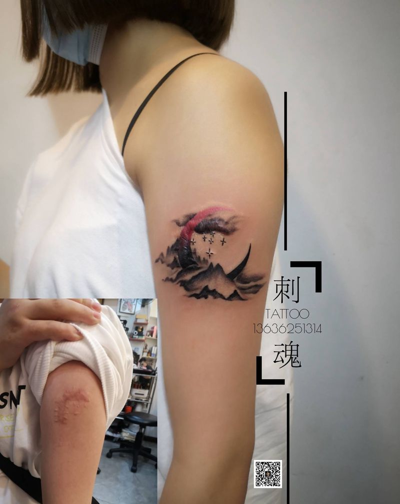 小月亮纹身图片_手臂水彩几何纹身图案