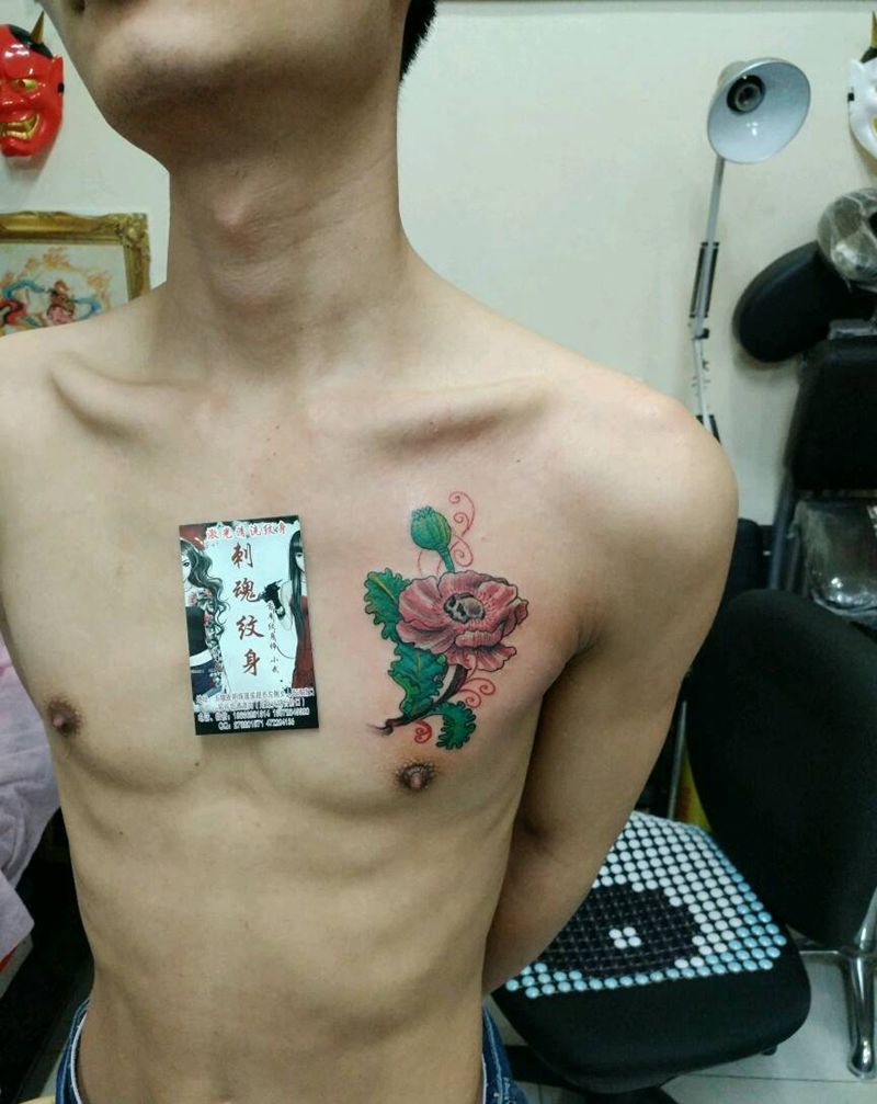 罂粟花纹身图片_胸部欧美写实植物静物花絮生活成品插画纹身图案