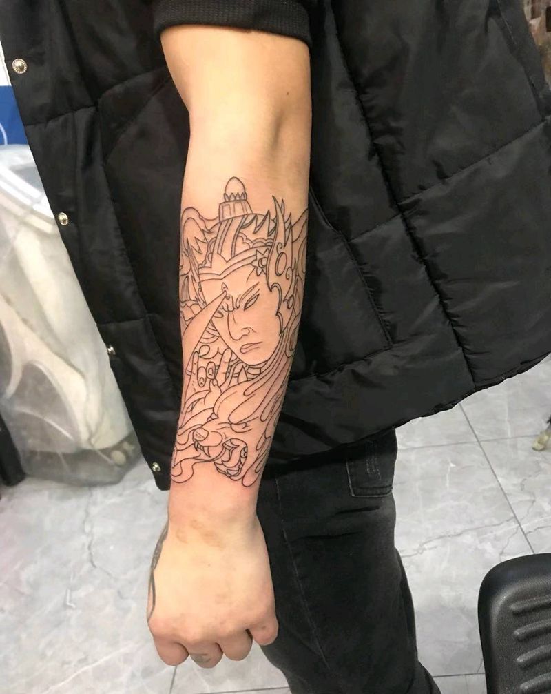 二郎神线条纹身图片_手臂老传统纹身图案