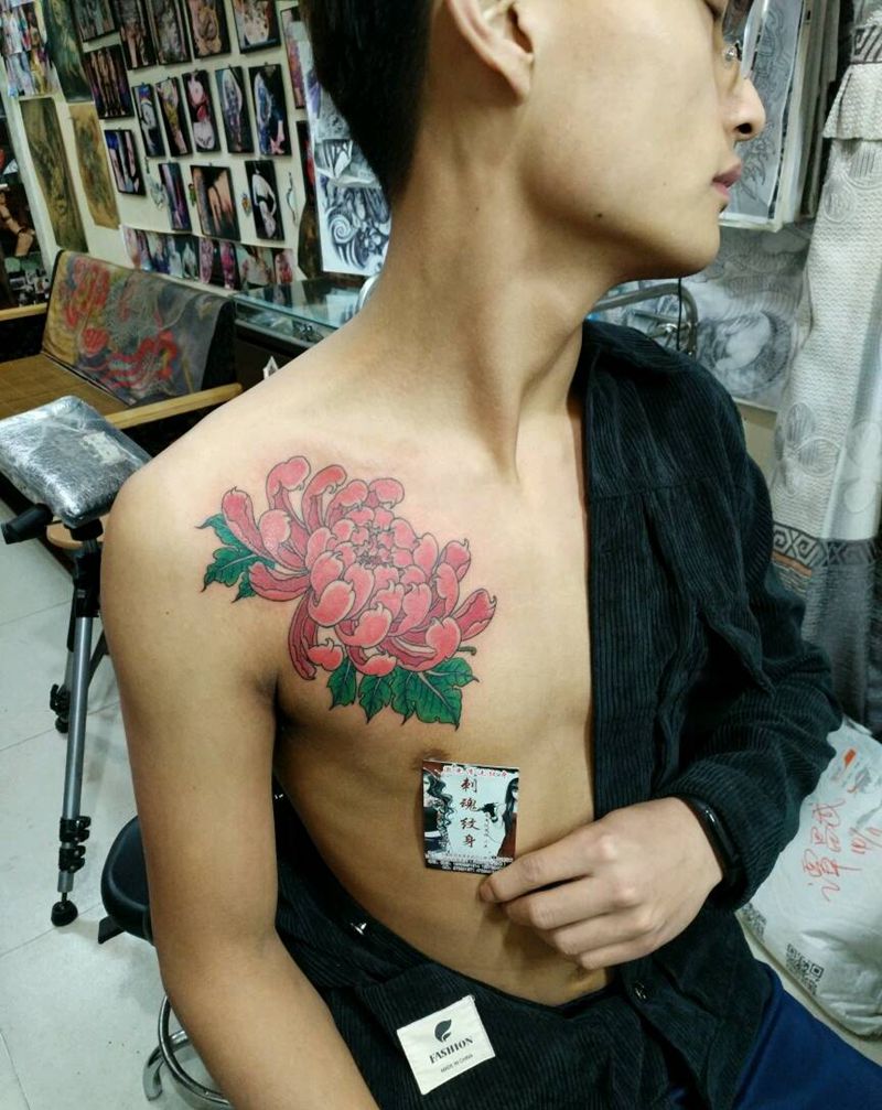 爆菊纹身图片_胸部传统植物静物原创花絮生活成品手稿插画纹身图案