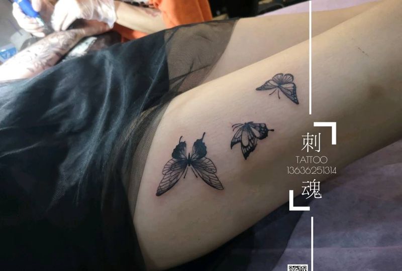 小清新蝴蝶纹身图片_腿部几何水墨纹身图案