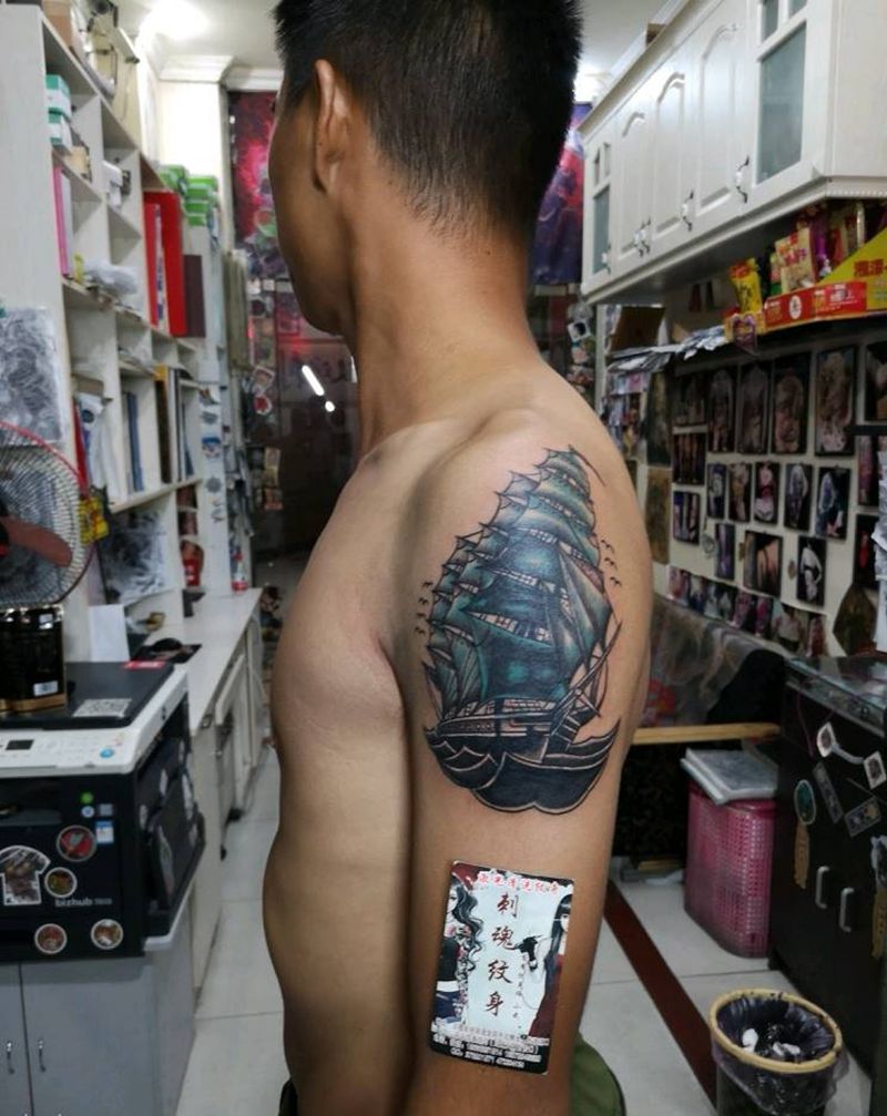 船帆 ，遮盖纹身图片_手臂传统原创成品手稿纹身图案