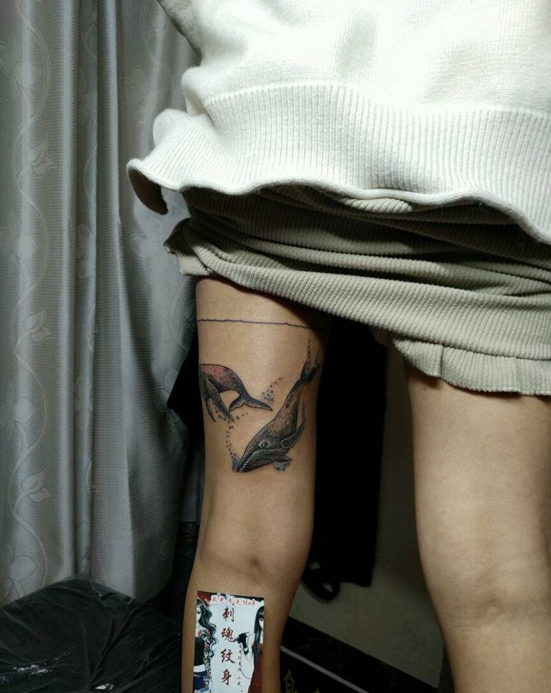 点刺鲸鱼纹身图片_腿部清新几何动物原创花絮生活成品插画纹身图案