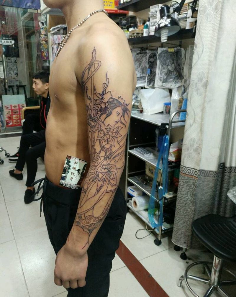 花臂哪吒，纹身图片_手臂传统人物宗教原创花絮生活成品纹身图案