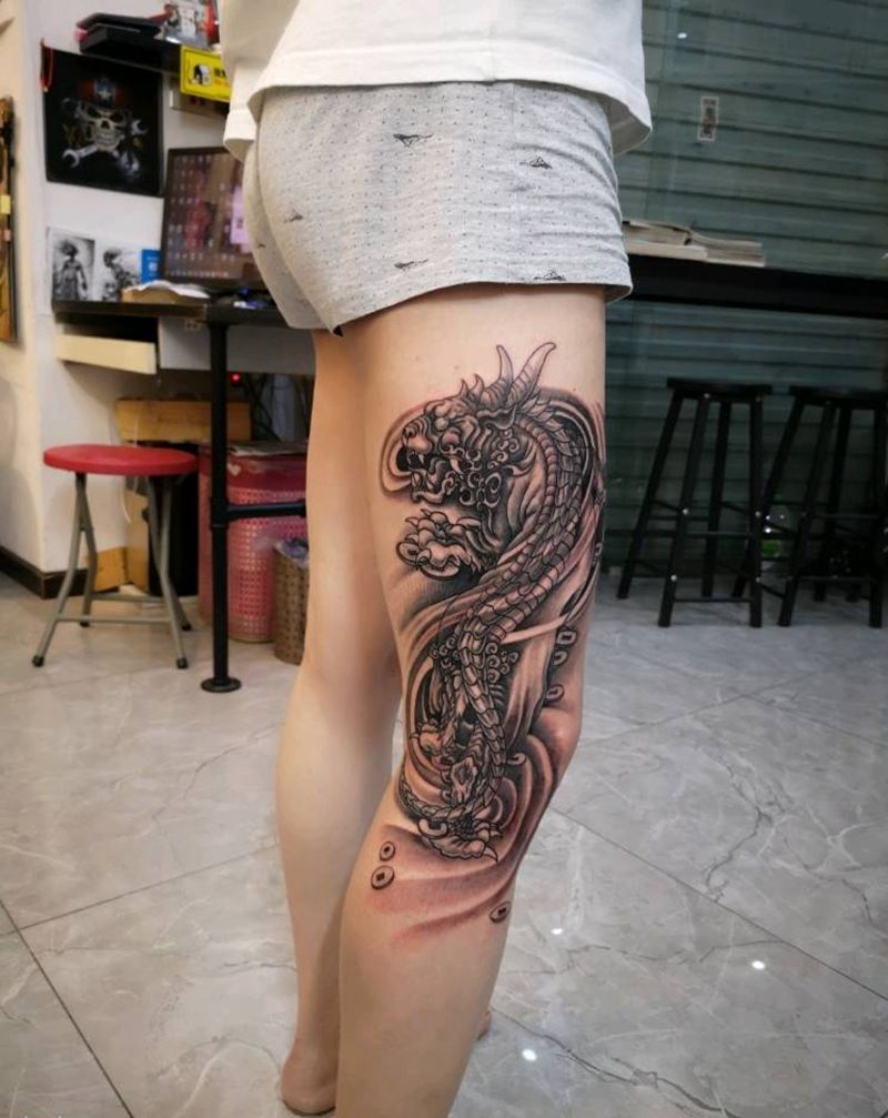 遮盖疤痕 貔貅纹身图片_腿部新传统纹身图案