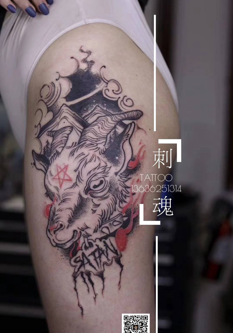 大腿羊头纹身图片_腿部新传统纹身图案