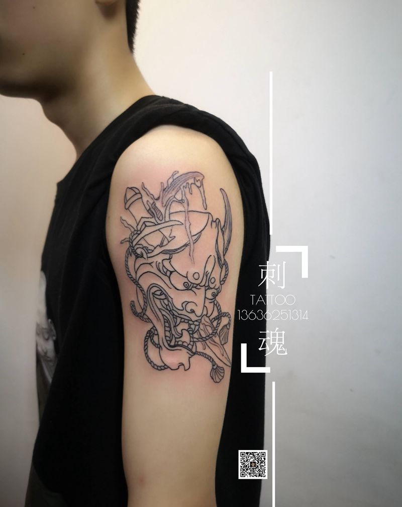 大臂般喏线条纹身图片_手臂新传统几何纹身图案