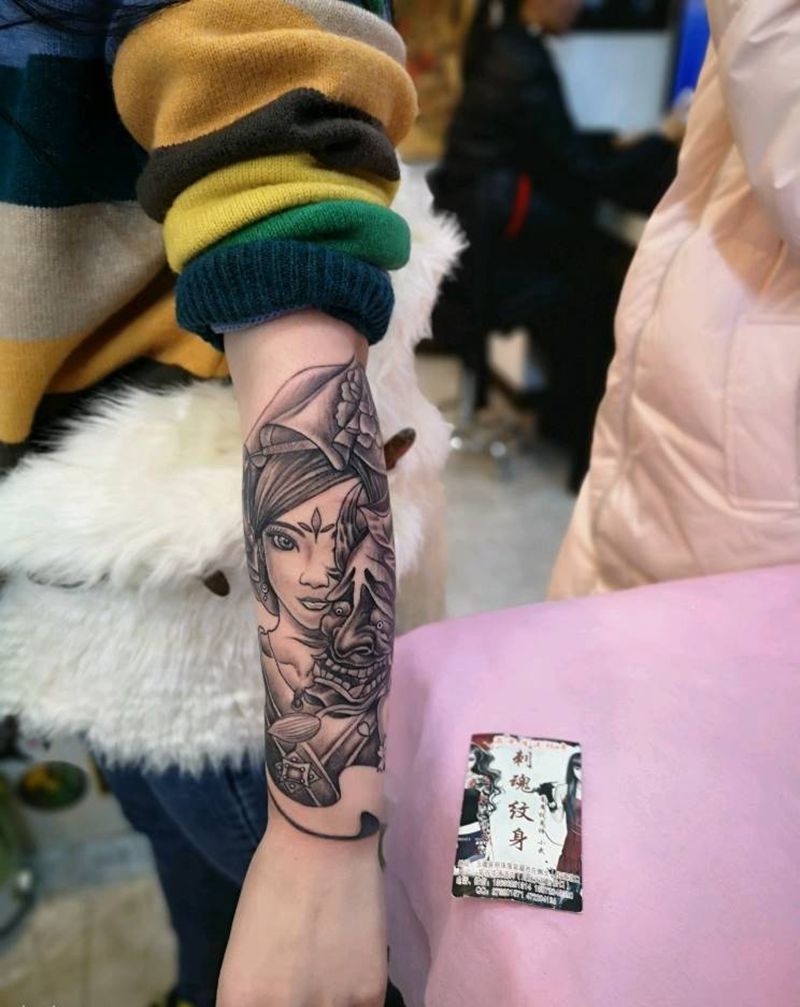 艺伎般喏纹身图片_手臂老传统纹身图案