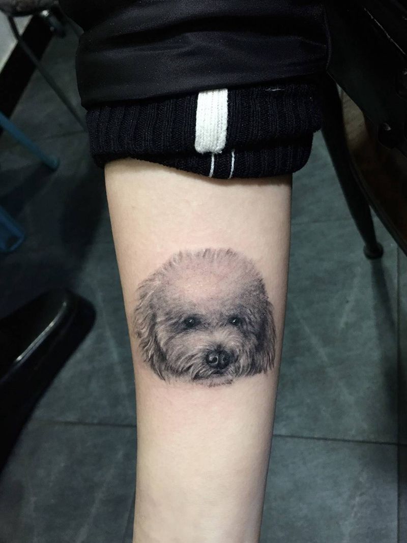 狗娃叫小米。纹身图片_成品手臂欧美写实肖像动物原创荆州天之文天之文刺青女性纹身图案