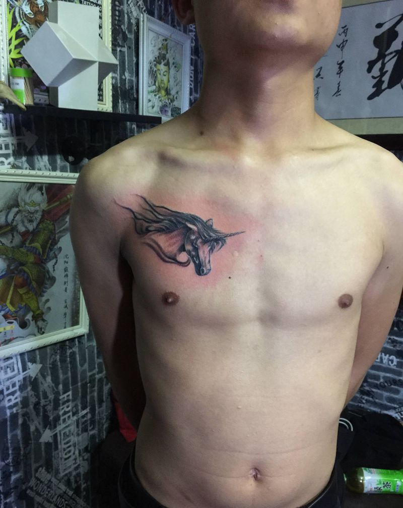 独角兽纹身图片_胸部欧美写实云梦纹身图案