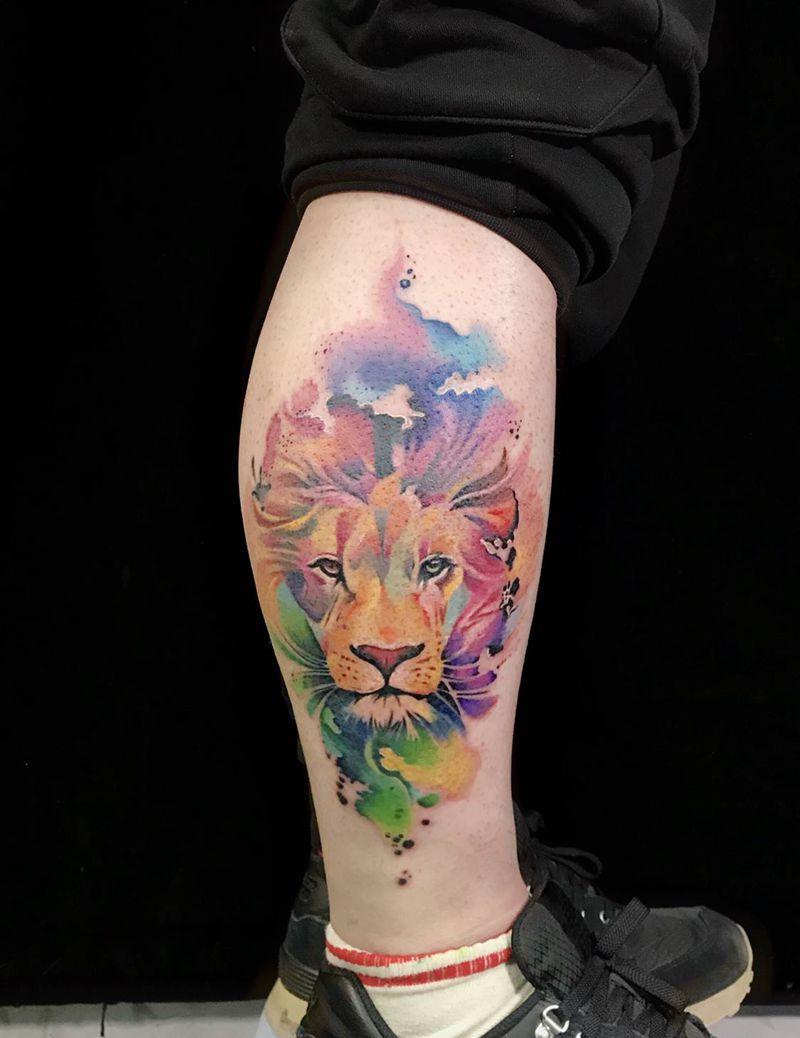 水彩狮纹身图片_水彩纹身图案