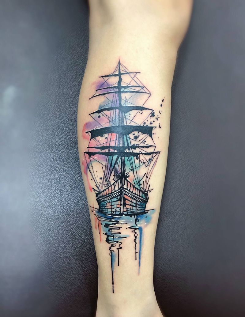 船纹身图片_腿部水彩纹身图案
