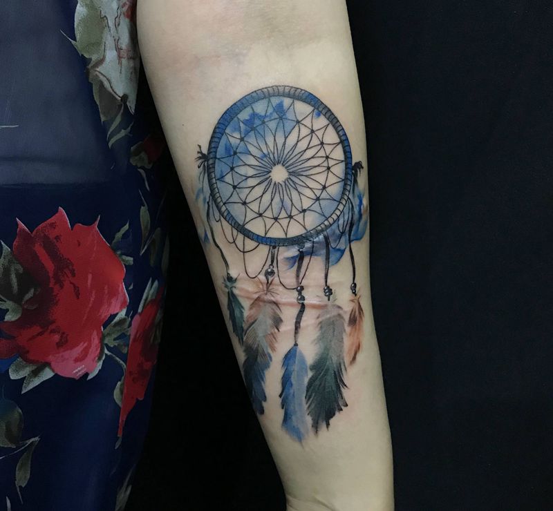 捕梦网纹身图片_手臂水彩水墨纹身图案