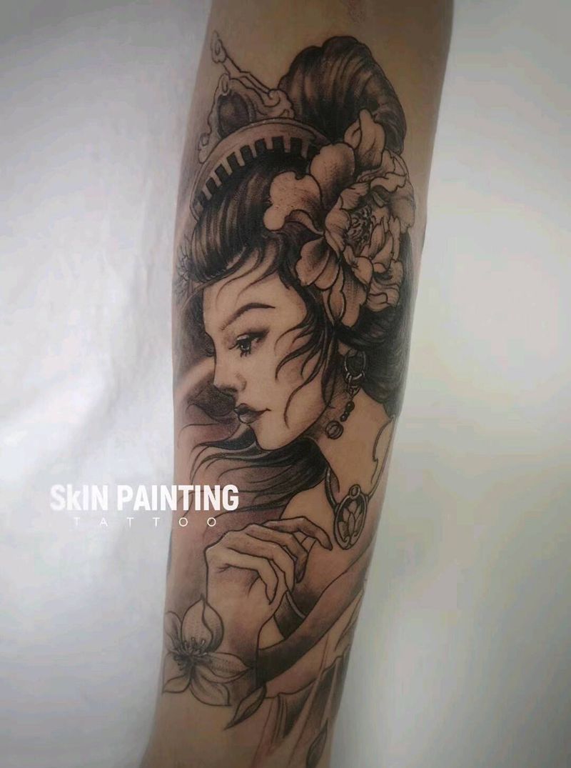 活动艺妓纹身图片_手臂新传统艺妓纹身图案