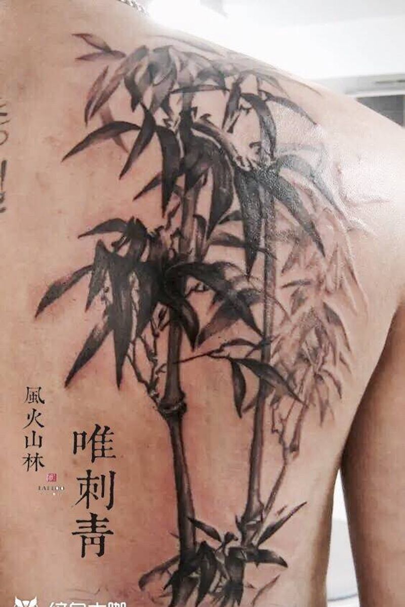 竹-君子之傲纹身图片_成品背部国画传统植物纹身图案