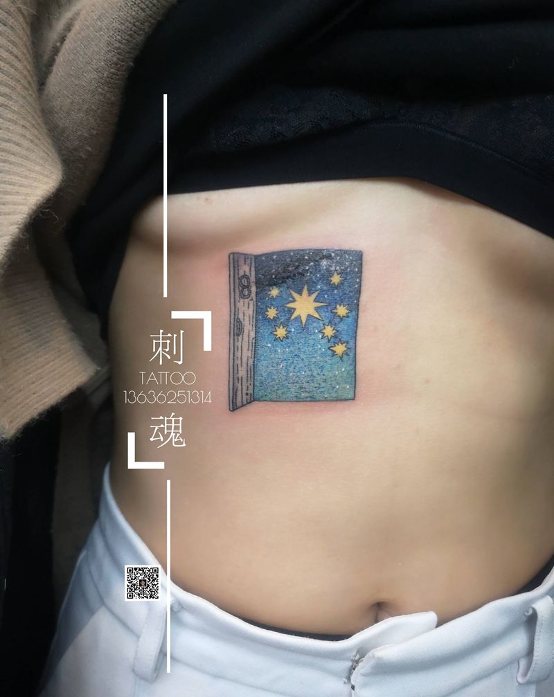 为你开一扇门纹身图片_腹部水彩纹身图案