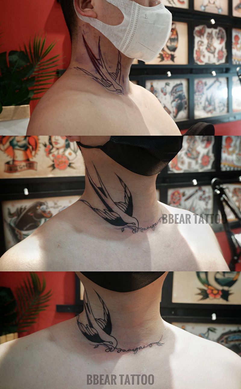 燕子&小英文（疤痕遮盖）纹身图片_颈部纹身图案