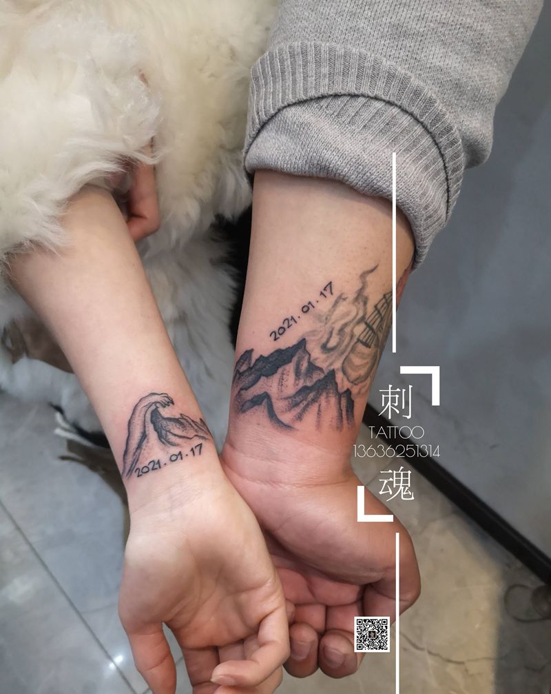 情侣山水纹身图片_手臂几何点刺纹身图案