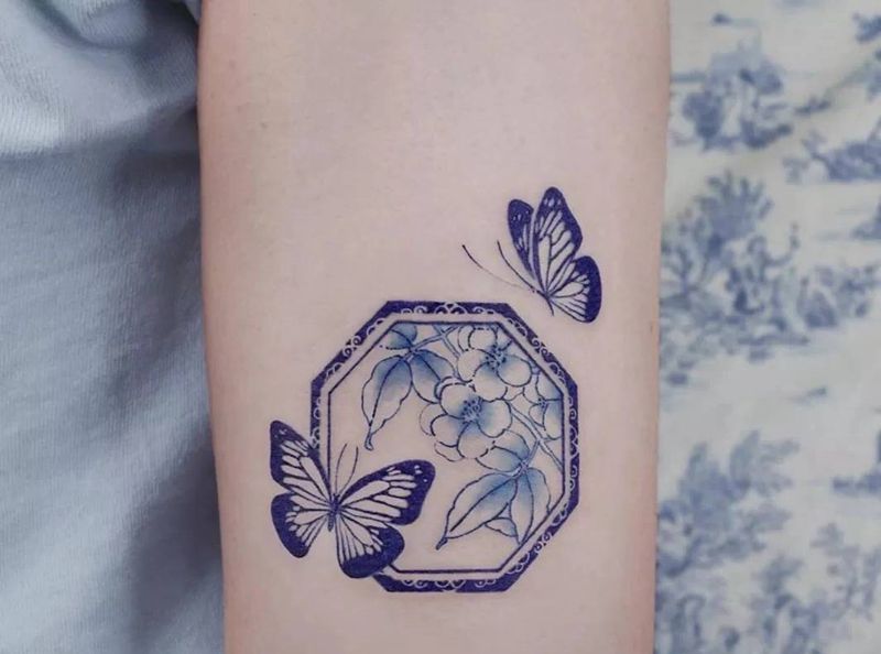 青花瓷纹身图片_水彩纹身图案