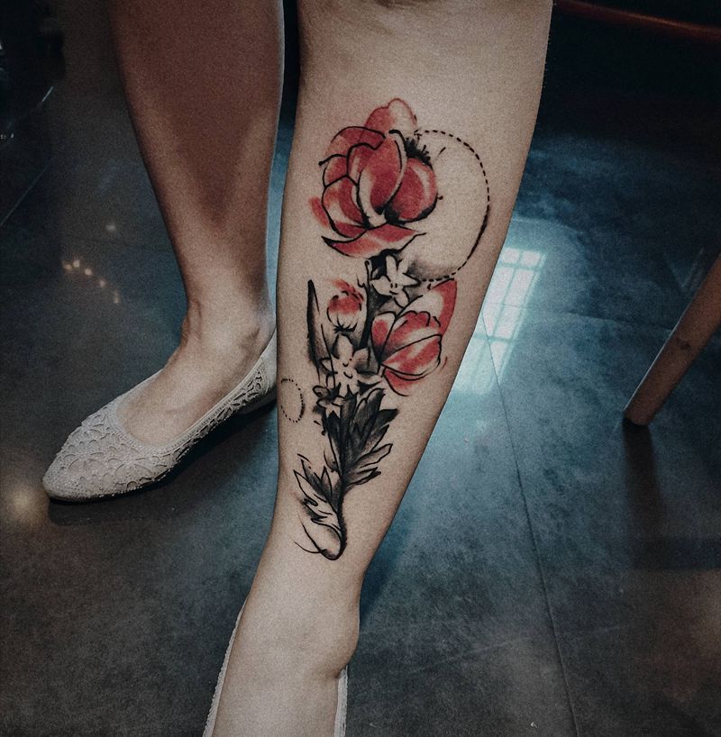 罂粟纹身图片_水墨水彩纹身图案