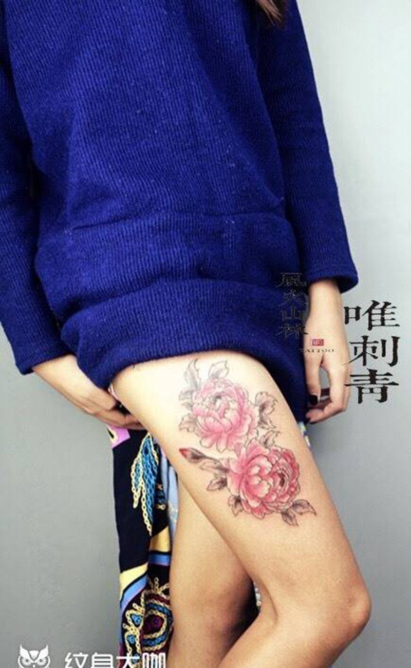 牡丹纹身图片_成品传统腿部植物时尚元素潮纹身图案