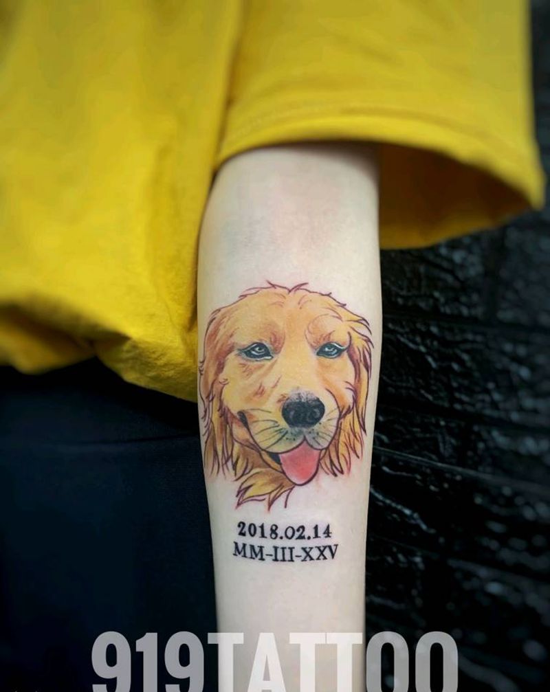金毛纹身图片_手臂动物狗纹身图案