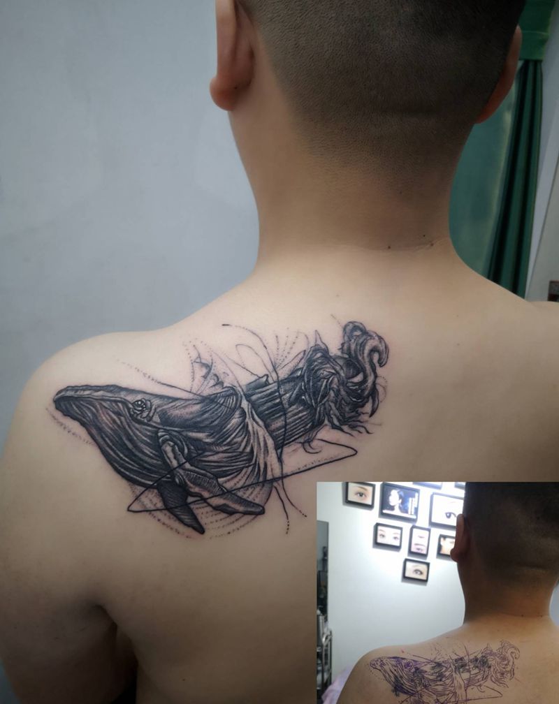 鲸鱼 遮盖纹身图片_肩部几何点刺纹身图案