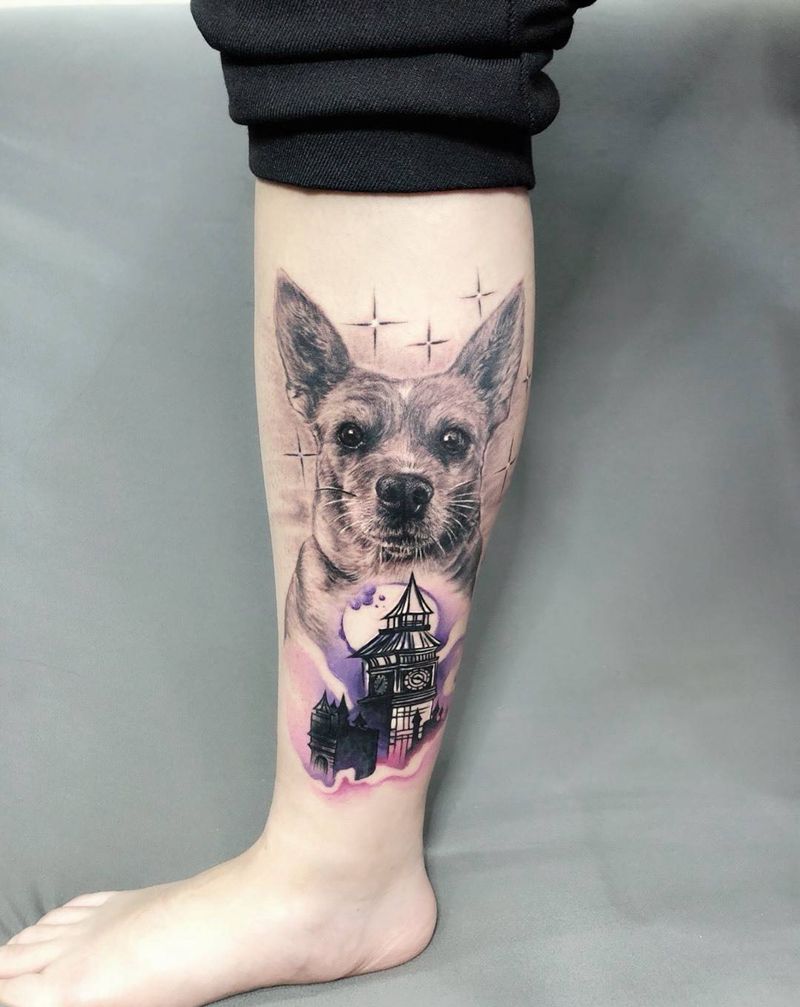 鹿犬坨坨纹身图片_腿部欧美写实水彩纹身图案