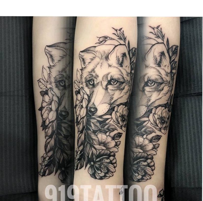 遮盖纹身图片_手臂狐狸素花遮盖纹身图案