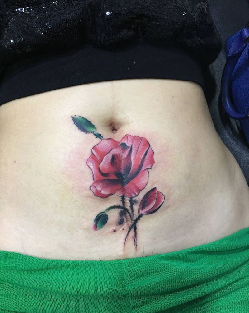 遮盖疤痕纹身图片_天之文刺青荆州天之文成品腹部欧美植物静物女性纹身图案