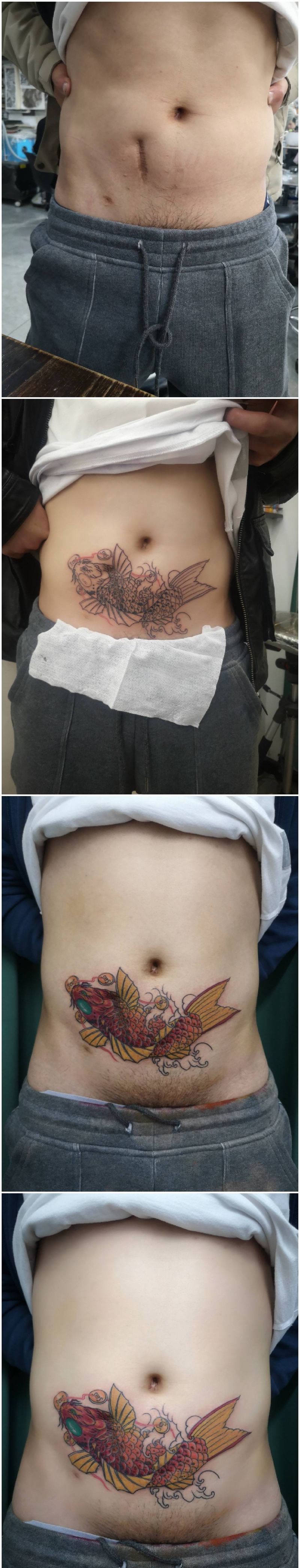 遮盖疤痕纹身图片_腹部新传统纹身图案