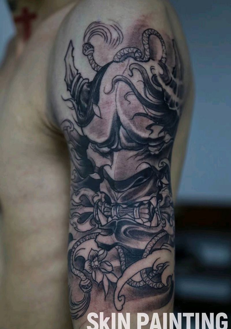 般若纹身图片_手臂新传统黑灰般若纹身图案